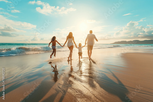 Dady and Mom run along the beach with their children on summer vacation