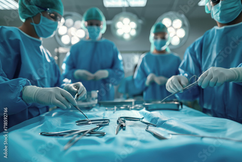doctor and nurse medical team are performing surgical operation at emergency room in hospital, assistant hands out scissor and instruments to surgeons during operation photo