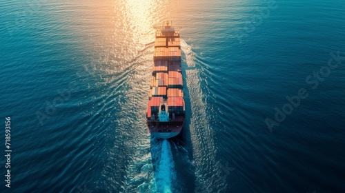 Elevate your projects with an awe-inspiring drone view of a large container ship gracefully sailing through the vast expanse of the ocean, symbolizing global trade, maritime industry, and open waters