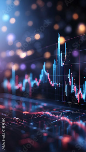 Visual hologram of financial and investment charts on dark blurred background. Portrait background for finance and investment