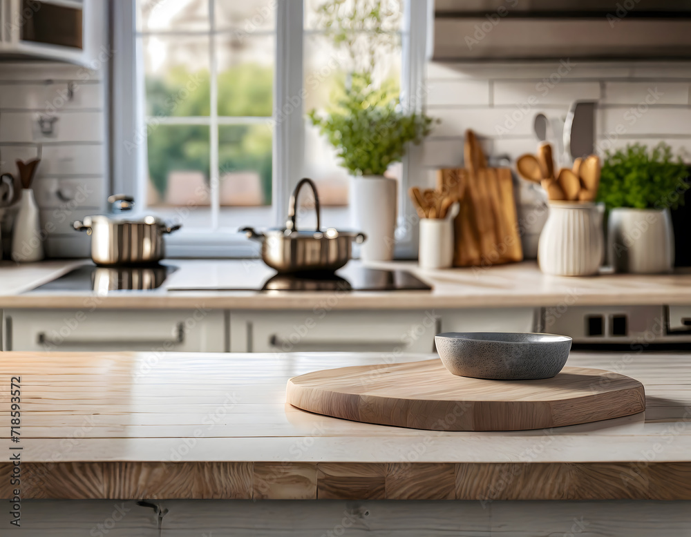 Kitchen table top for product display with blurred modern interior. Generative AI. Kitchen table top for product display with blurred modern interior. Generative AI.