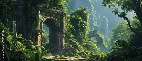 Green Tree Forest With Misty Fog, Generative AI