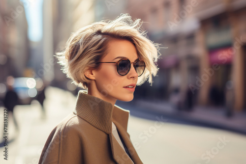 Stylish Young Woman with Windswept Hair Walking in Urban Street at Twilight. Fashion and Lifestyle Concept