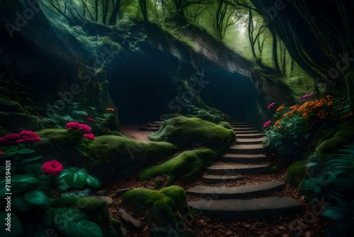 A choice-variation concept where two diverging paths unfold in a mystical forest, one leading to an enchanted garden with vibrant flowers and ethereal creatures