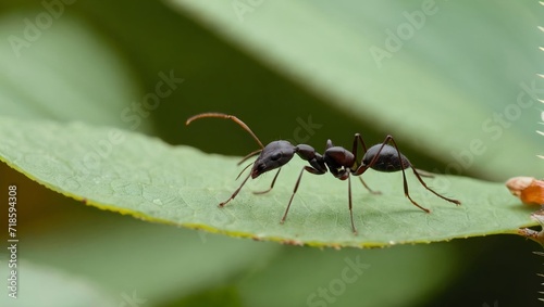 Black Ant on a Small Green Leaf