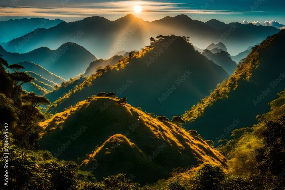 The majestic Doi Pha Tang mountain in Chiangrai, Thailand, standing tall with its rugged terrain and lush greenery, the sunlight casting long shadows over the undulating landscape