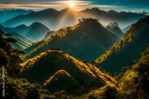 The majestic Doi Pha Tang mountain in Chiangrai, Thailand, standing tall with its rugged terrain and lush greenery, the sunlight casting long shadows over the undulating landscape photo