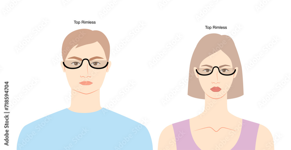 Top Rimless frame glasses on women and men flat character fashion accessory illustration. Sunglass front view unisex silhouette style, rim spectacles eyeglasses, lens sketch outline isolated on white Top Rimless frame glasses on women and men flat character fashion accessory illustration. Sunglass front view unisex silhouette style, rim spectacles eyeglasses, lens sketch outline isolated on white