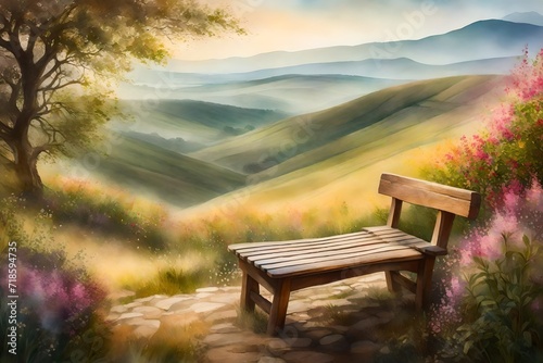 A nostalgic setting with an ancient wooden bench positioned on a hilltop, overlooking a lush and vibrant valley, the air filled with the fragrance of blooming flowers