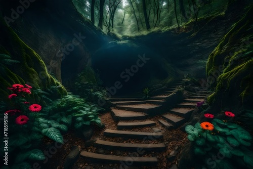 A choice-variation concept where two diverging paths unfold in a mystical forest, one leading to an enchanted garden with vibrant flowers and ethereal creatures