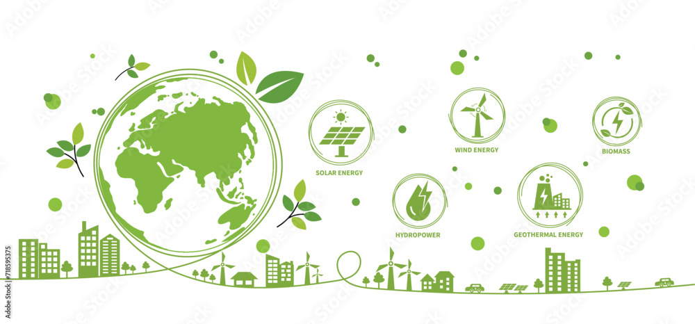 Renewable, green energy and save energy web banner. Ecology, Sustainable clean industrial factory, renewable energy sources and green electricity concept icons. Environment doodle flate design vector - obrazy, fototapety, plakaty 