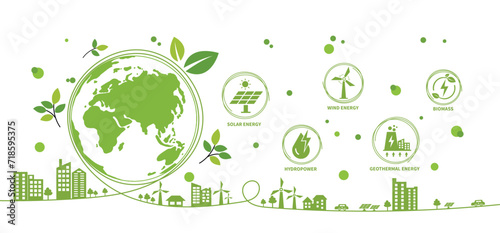 Renewable, green energy and save energy web banner. Ecology, Sustainable clean industrial factory, renewable energy sources and green electricity concept icons. Environment doodle flate design vector photo