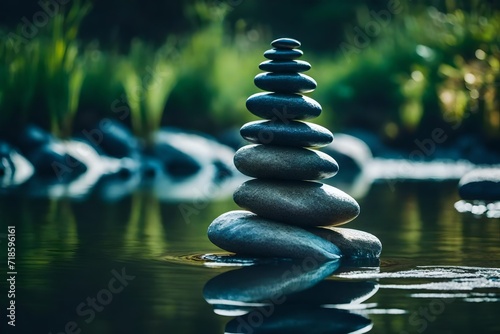 zen stones in water in forest