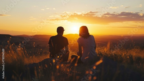 Couple sitting on the hill at sunset