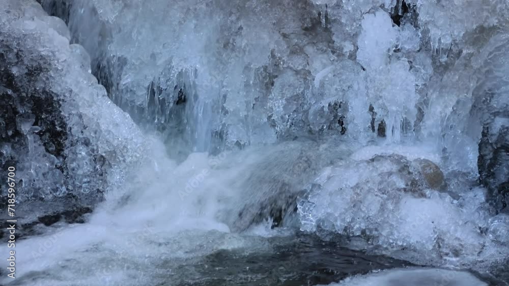 Close-up of a freezing mountain stream flowing among snow-covered boulders in early spring Close-up of a freezing mountain stream flowing among snow-covered boulders in early spring