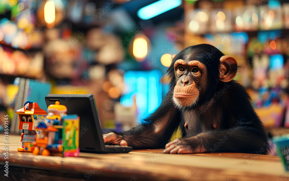 Curious Chimpanzee Playing on a Laptop at a Toy Store