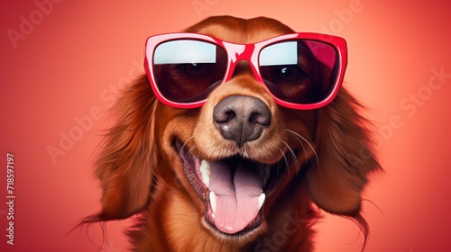 close-up of a happy dog , wearing bright red glasses, smiling with its tongue out in a cheerful and playful manner. © Andrey