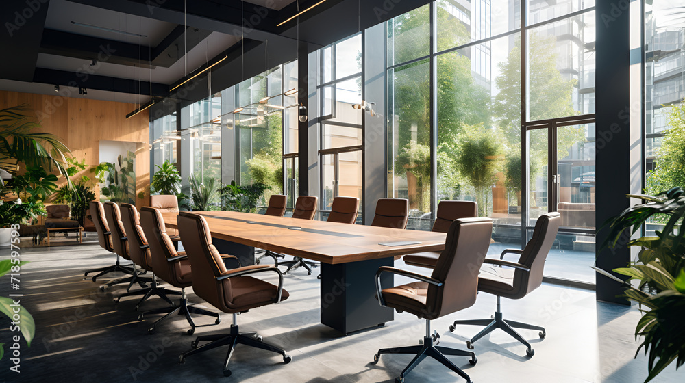 A spacious conference room with panoramic windows, a large solid wood table surrounded by comfortable leather chairs, modern sparkling chandeliers, decorative plants and professional sound equipment.
