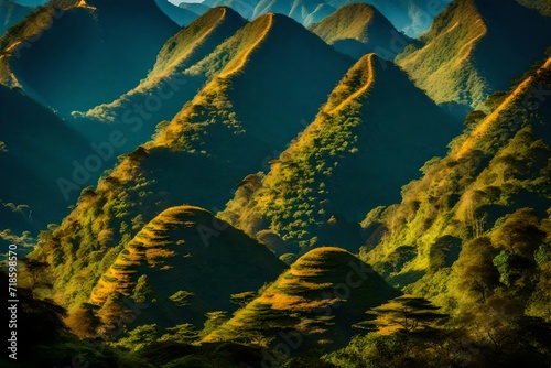 The majestic Doi Pha Tang mountain in Chiangrai, Thailand, standing tall with its rugged terrain and lush greenery, the sunlight casting long shadows over the undulating landscape © usama