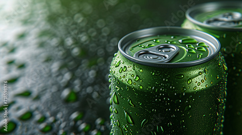 Green drink can with water drops. photo