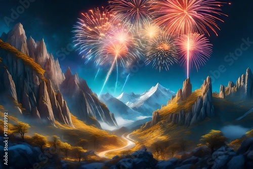 A spectacular mountainous terrain with a surreal fireworks spectacle, each explosion casting light on towering peaks, mystic creatures witnessing the display in a hidden valley