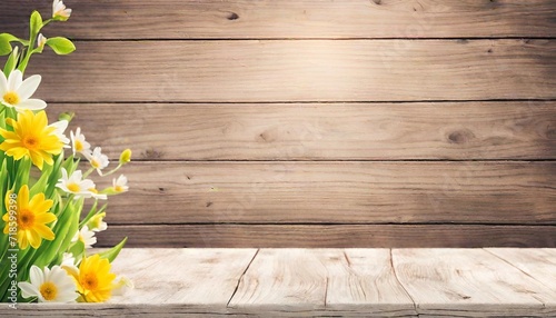 Abstract spring or summer with sunlight background and wood table easter concept