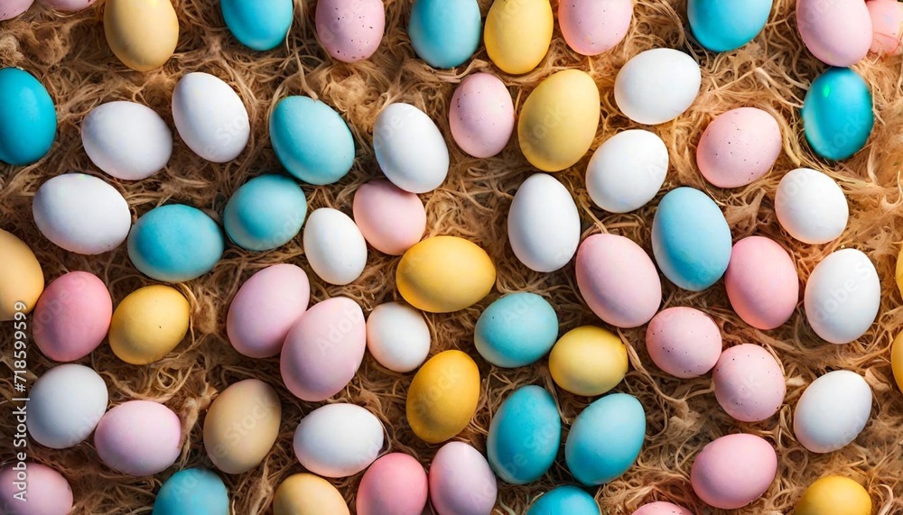 Pink, blue, white, gold, and yellow eggs are everywhere. Colorful Easter eggs top view. Pink, blue, white, gold, and yellow eggs are everywhere. Colorful Easter eggs top view.