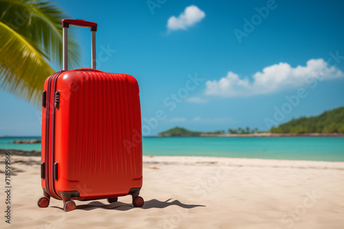 Red suitcase on the sandy beach. Ocean background, sunny day, green palm. Holiday concept, space for text © Olivia