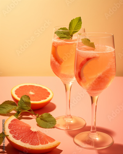 Champagne, rose sparkling wine or paloma cocktails in crystal glasses on pink background with pieces citrus . Refreshing beverage with grapefruit slice and mint. Summer drinks