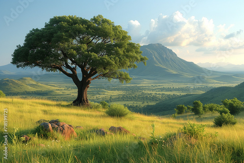 Paysage de savane africaine, herbes hautes jaunes face au désert, aux plaines et aux montagnes au loin photo