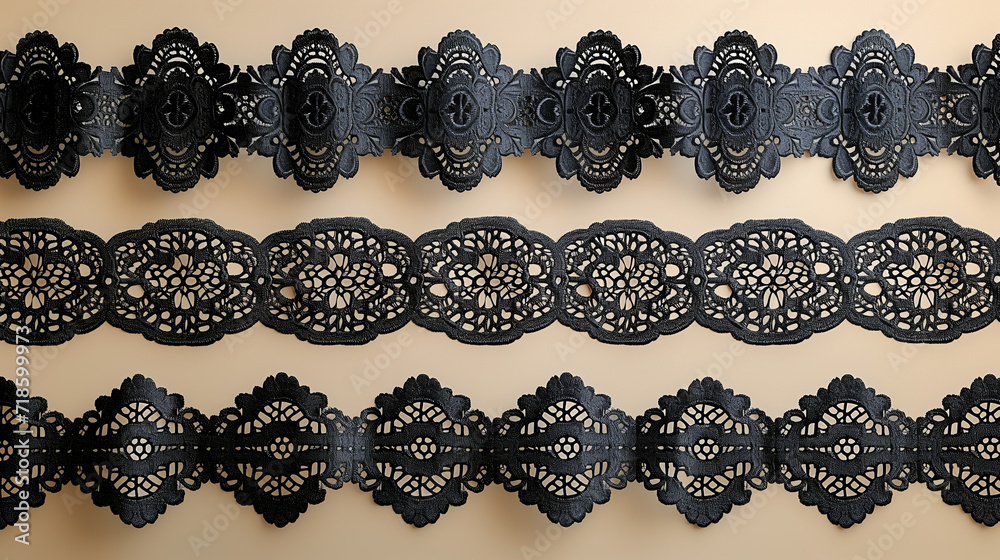 Bandes de dentelle de Calais aux motifs variés de couleurs noire, seamless pattern