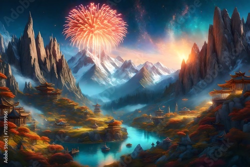 A spectacular mountainous terrain with a surreal fireworks spectacle  each explosion casting light on towering peaks  mystic creatures witnessing the display in a hidden valley
