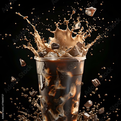 Dynamic iced coffee splash in glass on black background, capturing movement and energy, ideal for advertisements. AI photo