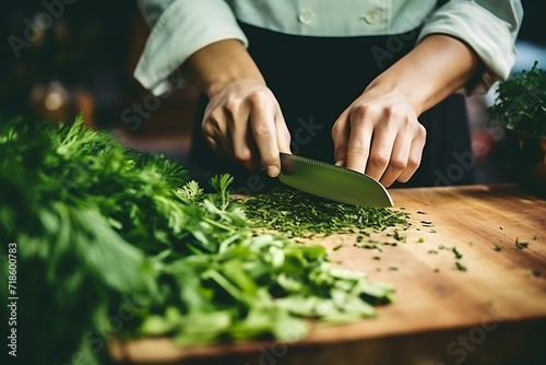 Professional Chef Finely Chopping Fresh Green Parsley on a Wooden Cutting Board. Culinary Arts and Fresh Ingredients Concept photo