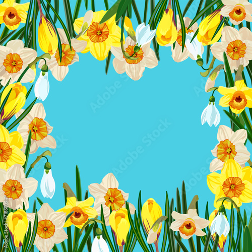 Square floral frame frame with daffodils, snowdrops, crocuses.