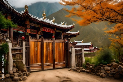 A picturesque portrayal of a wooden gate, weathered by time, leading to a serene ranch with the majestic Ganden Sumtseling Monastery standing tall in Shangri-la, Yunnan