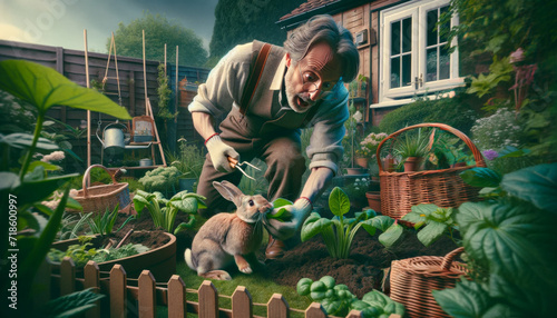  A Man gardening with Curious Rabbit photo