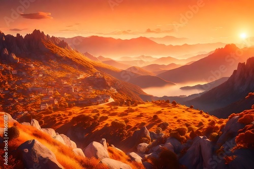 An immersive world view from the summit of a mountain, where expansive valleys stretch below, bathed in the warm hues of a setting sun