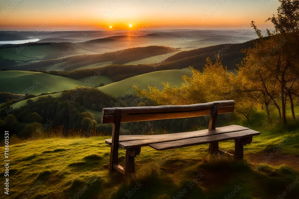 A tranquil scene featuring an old wooden bench on a high hill, bathed in the golden hues of sunset, offering a breathtaking view of a green valley below