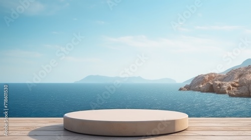 Round podium for a new product against the background of the sea © Eyepain