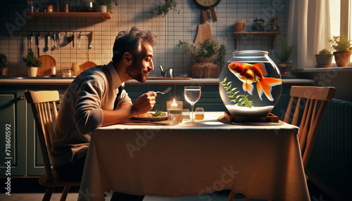 a single man's dinner date with his goldfish photo