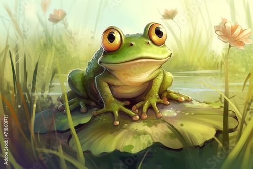 Close up of a cute frog in the marsh with adorable and cartoonish elements. Generative AI © Lea