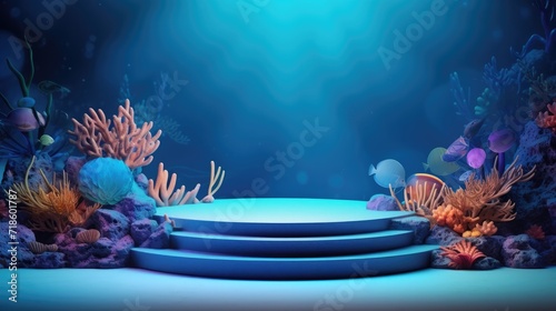 Round podium for a new product against the background of under the sea