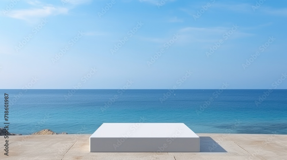 Square podium for a new product against the background of the sea