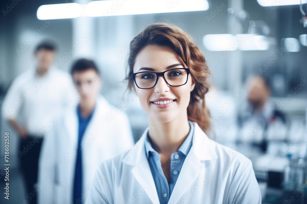 Young woman researcher in lab attire and protective glasses, exuding brilliance and curiosity, in a high-tech medical laboratory. AI Generative