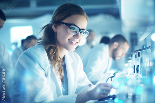 Young woman researcher in lab attire and protective glasses, exuding brilliance and curiosity, in a high-tech medical laboratory. AI Generative photo