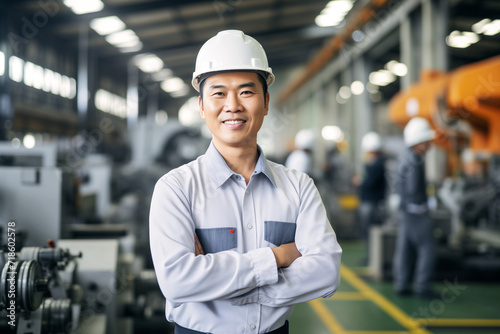 Asian male engineer in industrial attire, confident, focused, skilled, wearing safety helmet, standing in a busy factory. AI Generative