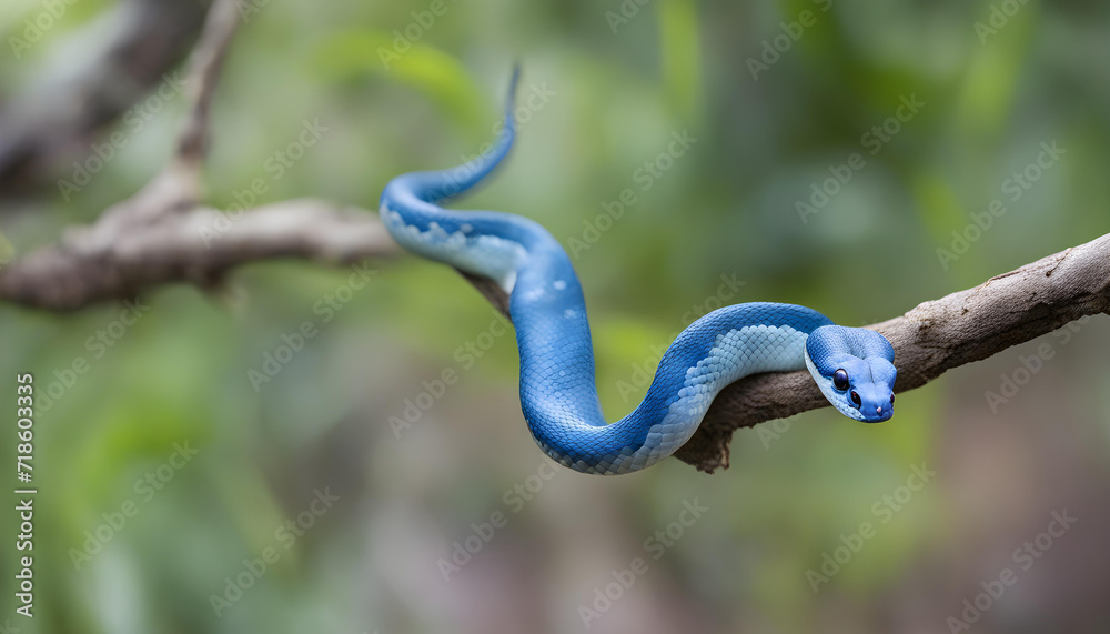 Obraz premium Blue viper snake on branch background
