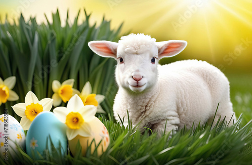 A fluffy sheep with Easter eggs and daffodils lies on the green grass, illuminated by backlit sunlight. Easter, spring