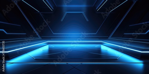 Blue purple digital hologram of podium  line vertical neon lamps abstract  futuristic